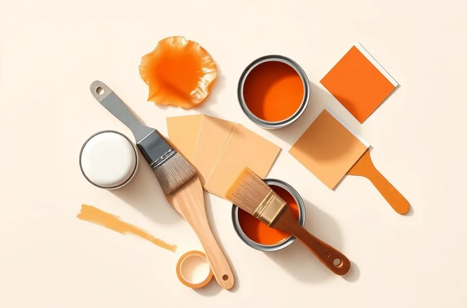 Pots de peinture, nuancier, brosses et rouleaux disposés à plat