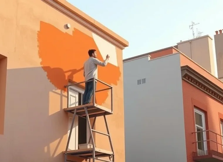 Peintre sur échafaudage traitant la façade d'une maison