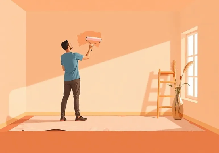 Peintre appliquant la peinture au rouleau sur un mur de salon